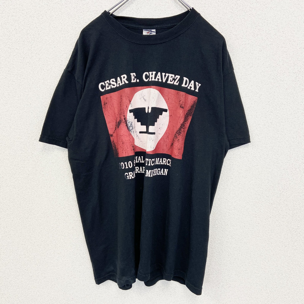JERZEES ジャージーズ　半袖プリントTシャツ　ビッグT　セーサル チャベス　クルーネック　黒　ブラック　Lサイズ　古着