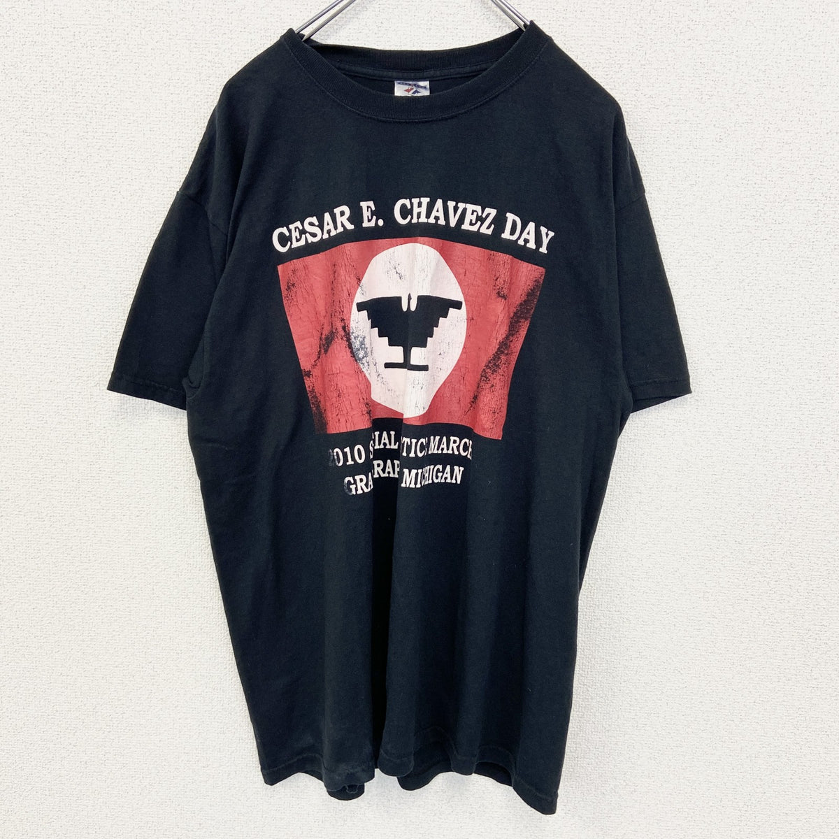JERZEES ジャージーズ　半袖プリントTシャツ　ビッグT　セーサル チャベス　クルーネック　黒　ブラック　Lサイズ　古着