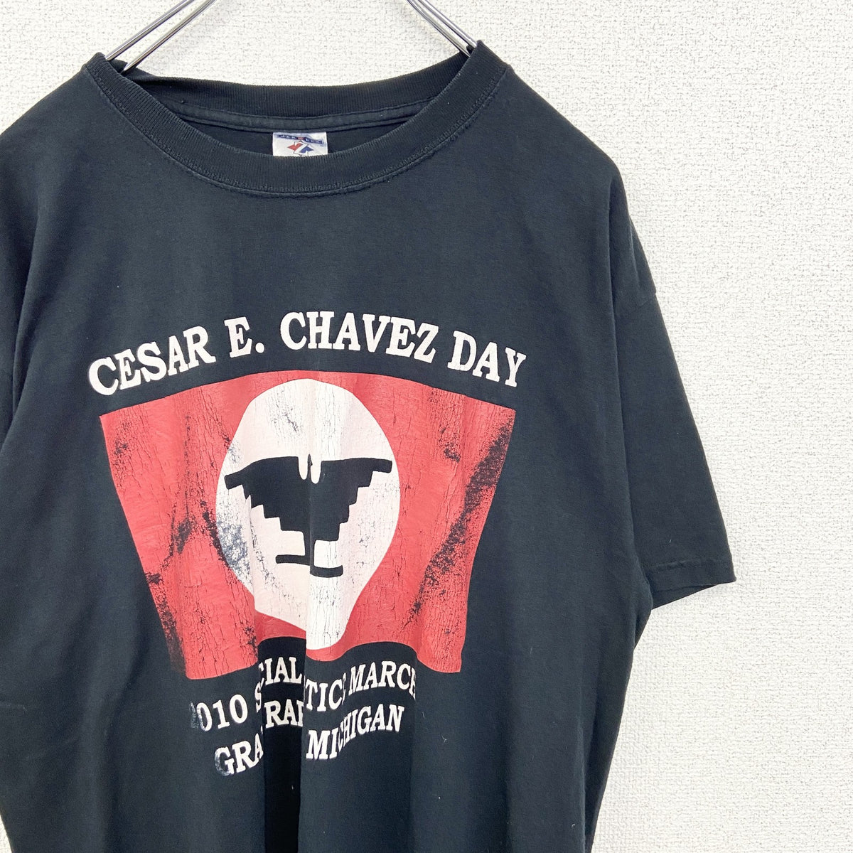 JERZEES ジャージーズ　半袖プリントTシャツ　ビッグT　セーサル チャベス　クルーネック　黒　ブラック　Lサイズ　古着