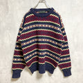 ～00s　MARCLEWIS　ニットセーター　フェアアイル柄　ボーダー　アメカジ　クルーネック　ヴィンテージ　ボルド―　ネイビー　紺　古着
