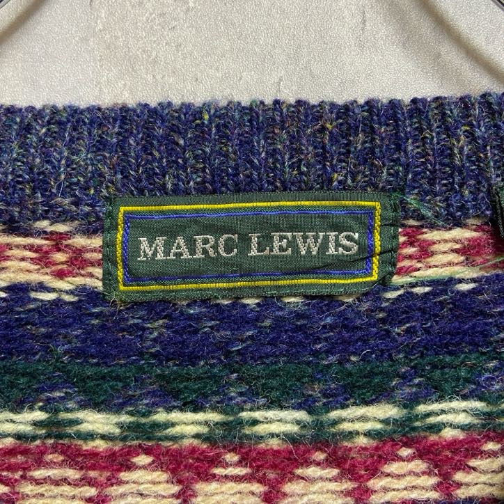 ～00s　MARCLEWIS　ニットセーター　フェアアイル柄　ボーダー　アメカジ　クルーネック　ヴィンテージ　ボルド―　ネイビー　紺　古着