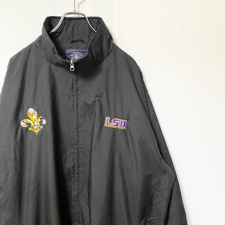 古着 used　CHARLES RIVER　長袖ハイネックナイロンジャケット　ジップアップジャケット　ワンポイント刺繍　LSU　黒