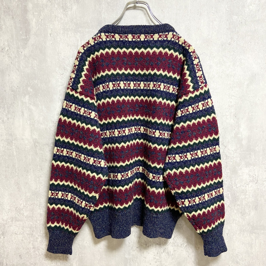 ～00s　MARCLEWIS　ニットセーター　フェアアイル柄　ボーダー　アメカジ　クルーネック　ヴィンテージ　ボルド―　ネイビー　紺　古着