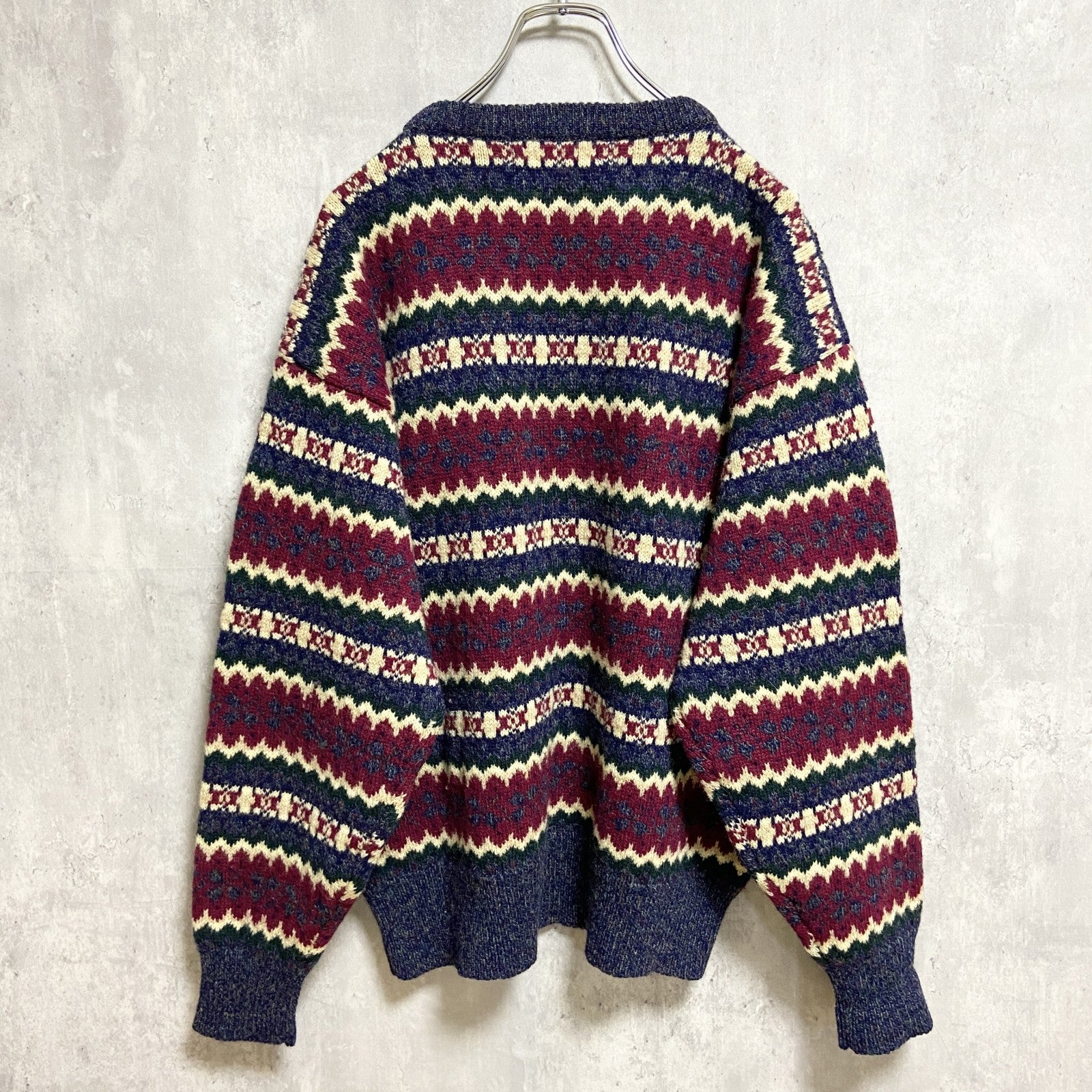 ～00s　MARCLEWIS　ニットセーター　フェアアイル柄　ボーダー　アメカジ　クルーネック　ヴィンテージ　ボルド―　ネイビー　紺　古着