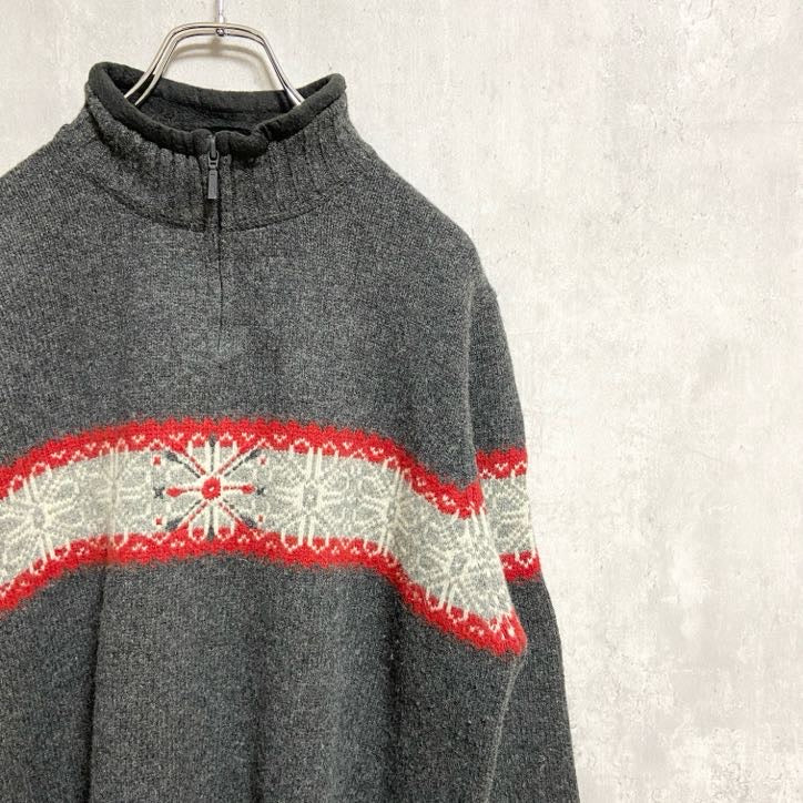 古着　used　WOOLRICH　ウールリッチ　長袖ハーフジップノルディック柄ニット　セーター　グレー　XXLサイズ