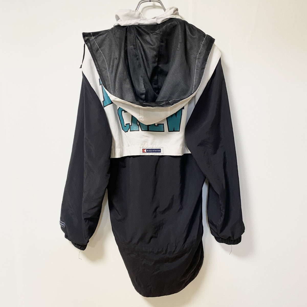 BOATHHOUSE　長袖ハーフジップナイロンジャケット　 バイカラー　刺繍デザイン　黒　ブラック　白　ホワイト　XSサイズ　古着