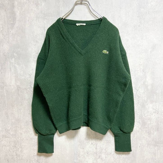 古着　used　70s　80s　LACOSTE　ラコステ　長袖Vネックニット　セーター　フランス製　緑　ヴィンテージ　Mサイズ