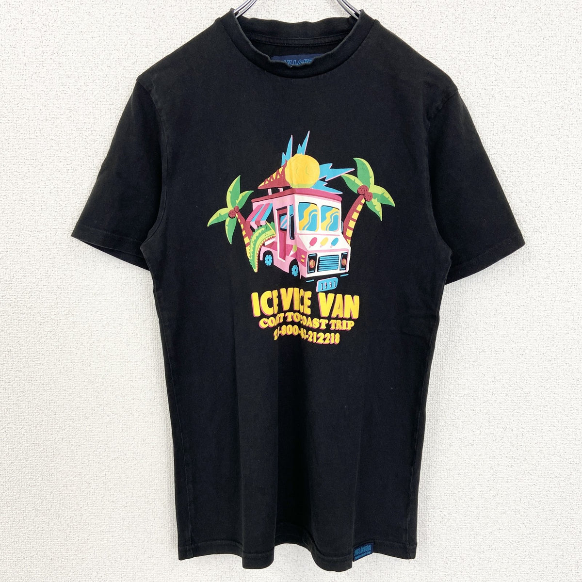 PULL&BEAR　プルアンドベア　半袖デザインプリントTシャツ　クルーネック　バス　黒　ブラック　XSサイズ　古着