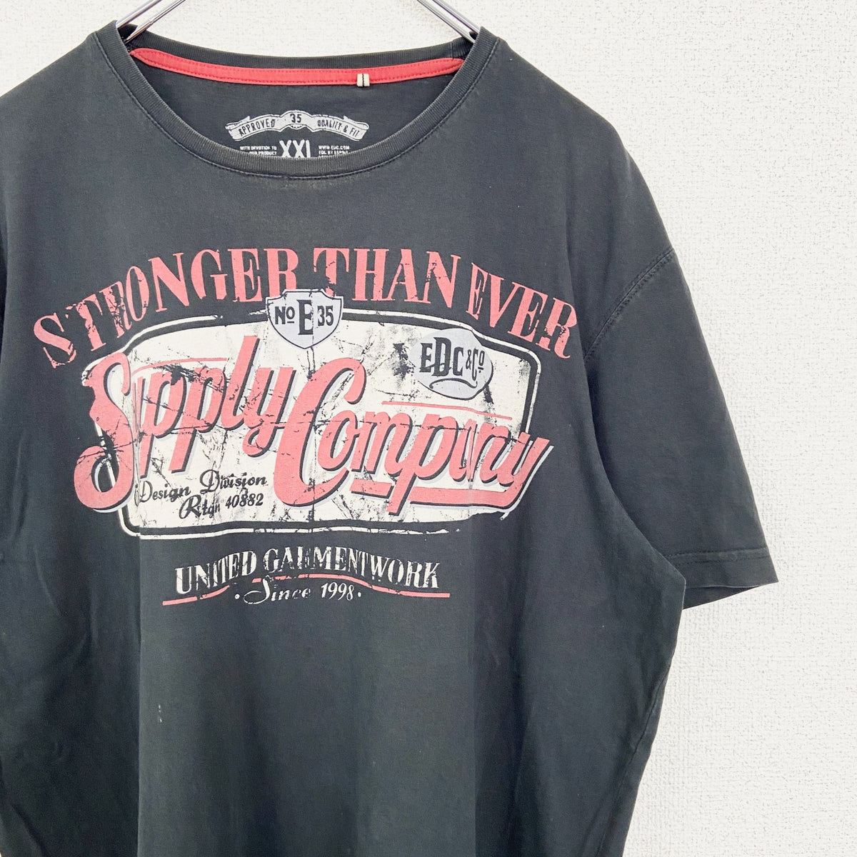 EDC BRAND　半袖デザインプリントTシャツ　クルーネック　Supply Company　黒　ブラック　2XLサイズ　古着