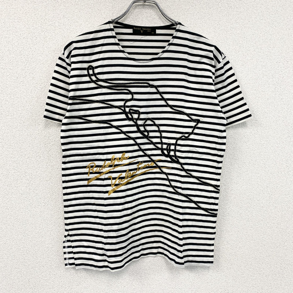 Rudolph Valentino　ルドルフ・ヴァレンティノ　半袖プリントアニマルTシャツ　ボーダー柄　白　ホワイト　黒　ブラック　Mサイズ　古着