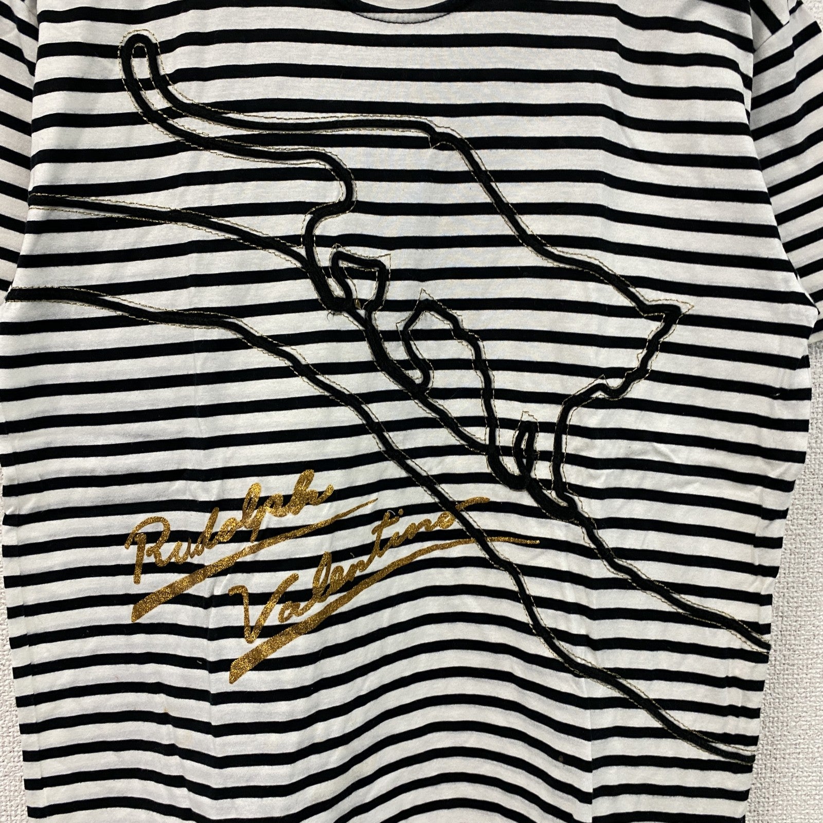 Rudolph Valentino　ルドルフ・ヴァレンティノ　半袖プリントアニマルTシャツ　ボーダー柄　白　ホワイト　黒　ブラック　Mサイズ　古着