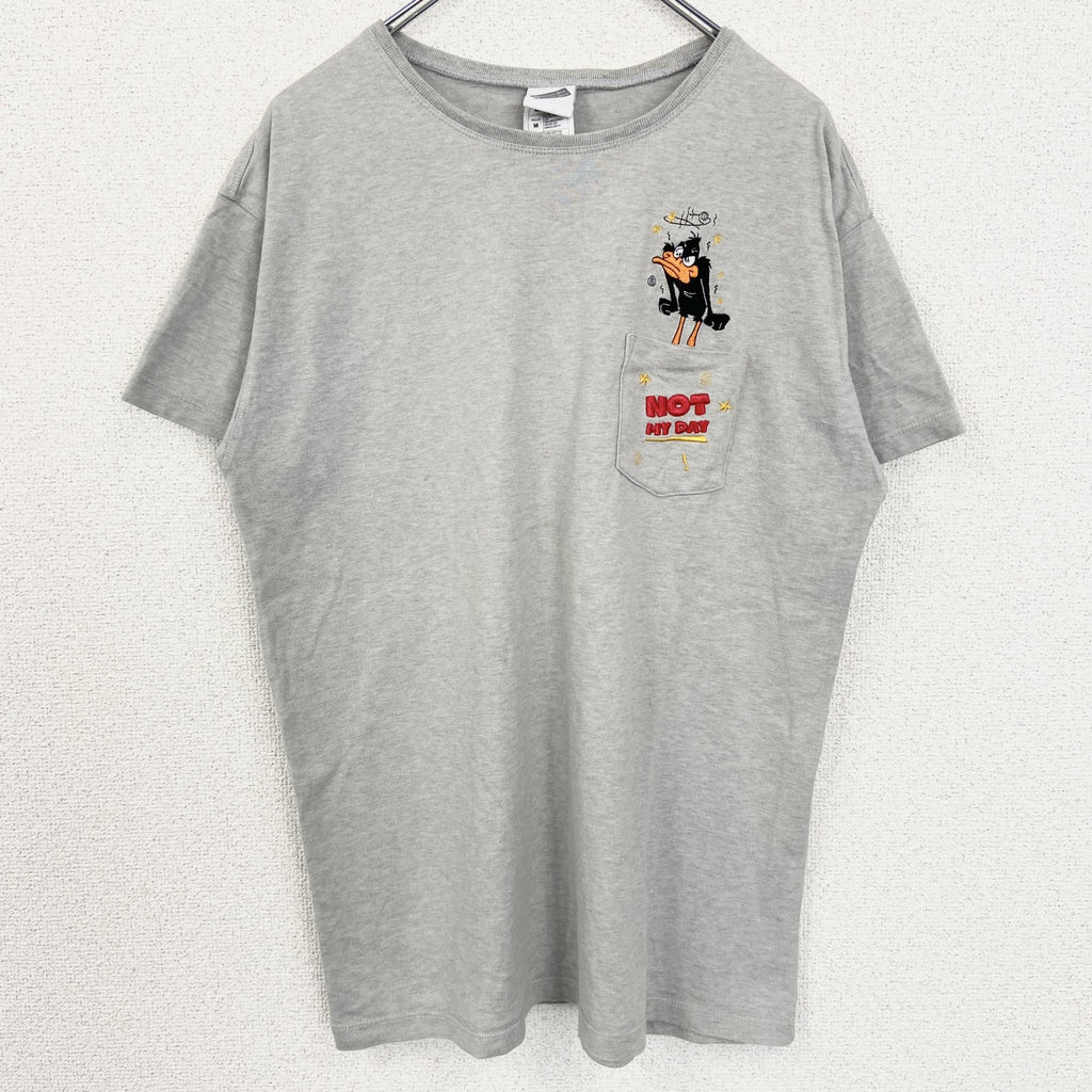 Warner Bros　ワーナーブラザーズ　半袖刺繍ポケットTシャツ　LOONEY TUNES　グレー　灰色　Mサイズ　古着