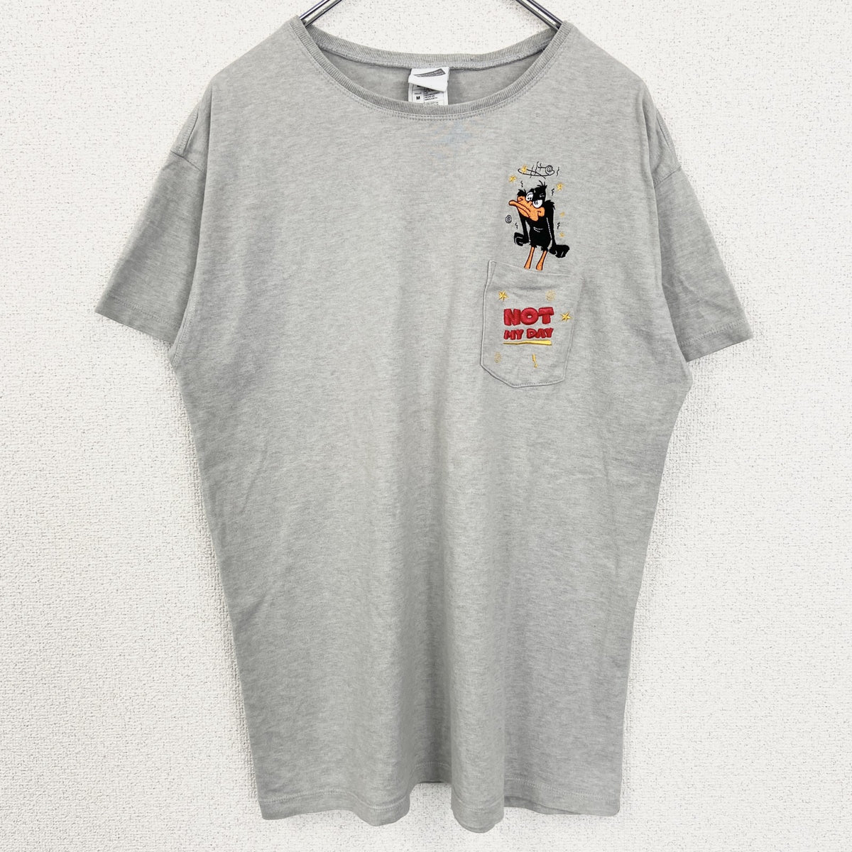 Warner Bros　ワーナーブラザーズ　半袖刺繍ポケットTシャツ　LOONEY TUNES　グレー　灰色　Mサイズ　古着