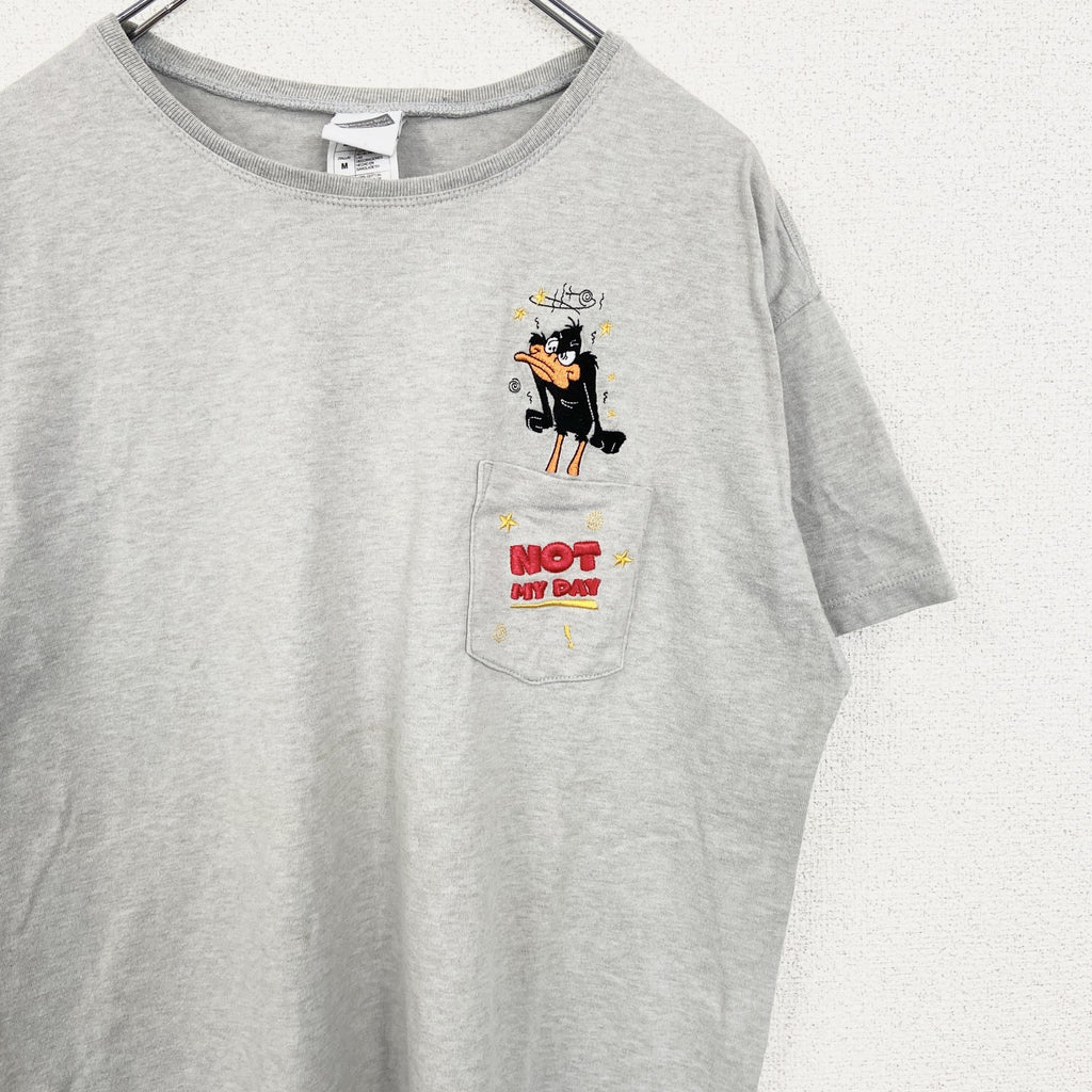 Warner Bros　ワーナーブラザーズ　半袖刺繍ポケットTシャツ　LOONEY TUNES　グレー　灰色　Mサイズ　古着