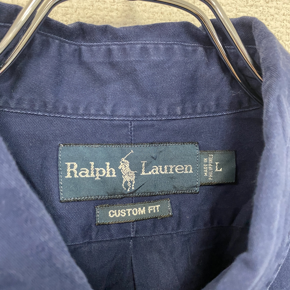 Ralph Lauren　ラルフローレン　長袖ボタンダウンシャツ　刺ロゴ　紺　ネイビー　Lサイズ　古着