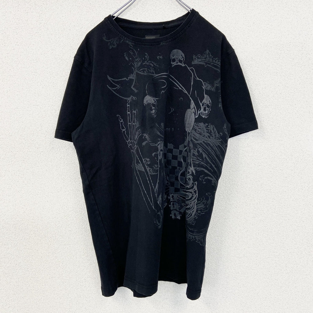 MUSH ＭORE　半袖デザインプリントTシャツ　クルーネック　スカル　個性的　レトロ　黒　ブラック　Mサイズ　古着