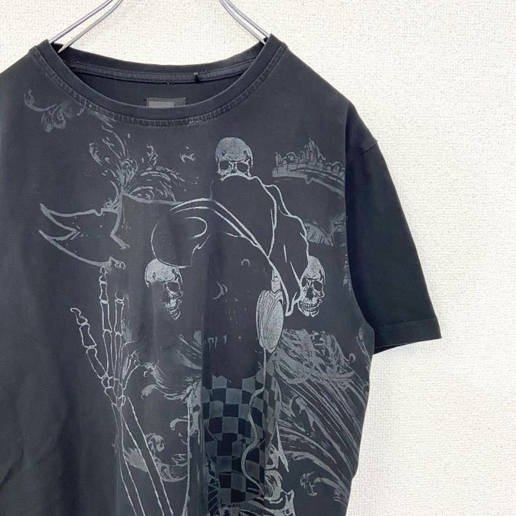 MUSH ＭORE　半袖デザインプリントTシャツ　クルーネック　スカル　個性的　レトロ　黒　ブラック　Mサイズ　古着