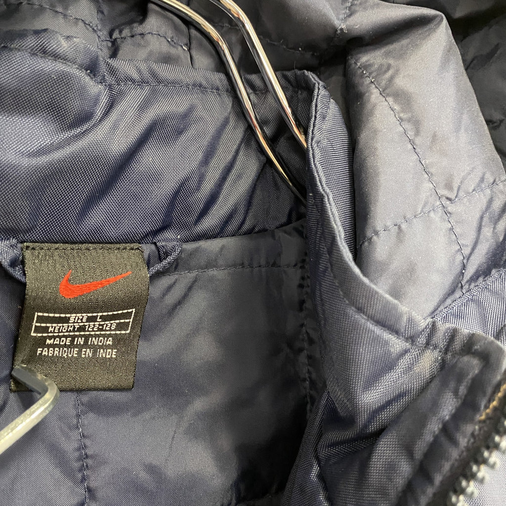 90s　NIKE　ナイキ　中綿ジャケット　スウッシュ　デカロゴ　ヴィンテージ　紺　ネイビー　Lサイズ　古着