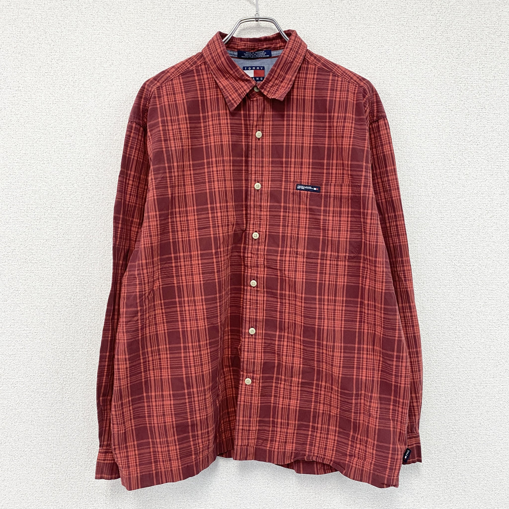 TOMMY JEANS　トミージーンズ　長袖シャツ　チェック柄　赤　レッド　Lサイズ　古着