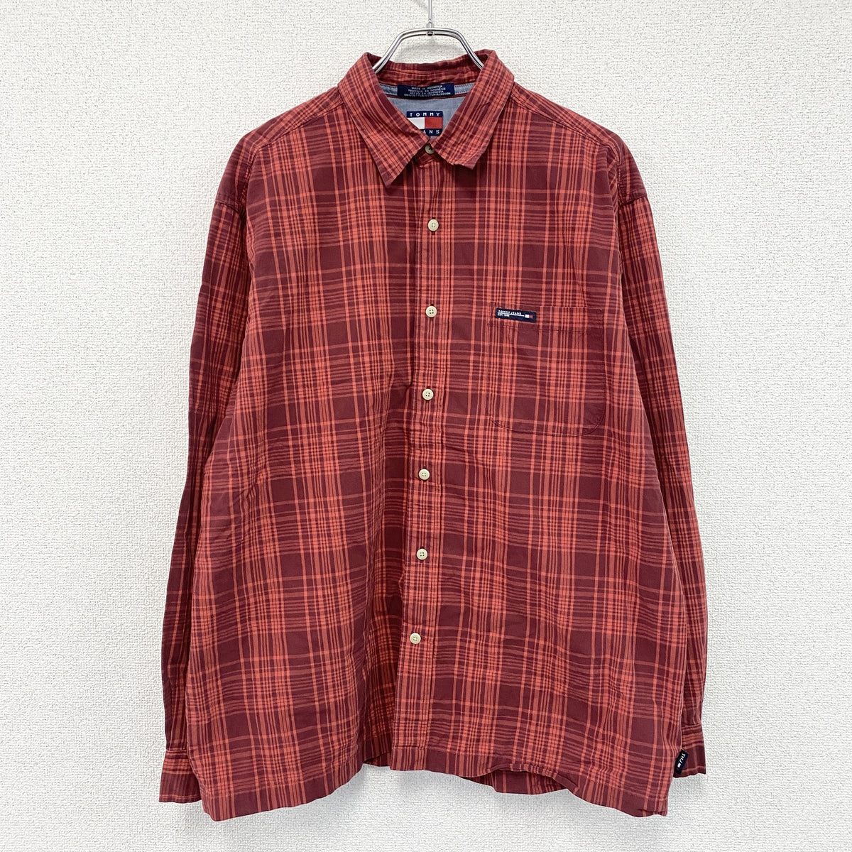 TOMMY JEANS　トミージーンズ　長袖シャツ　チェック柄　赤　レッド　Lサイズ　古着