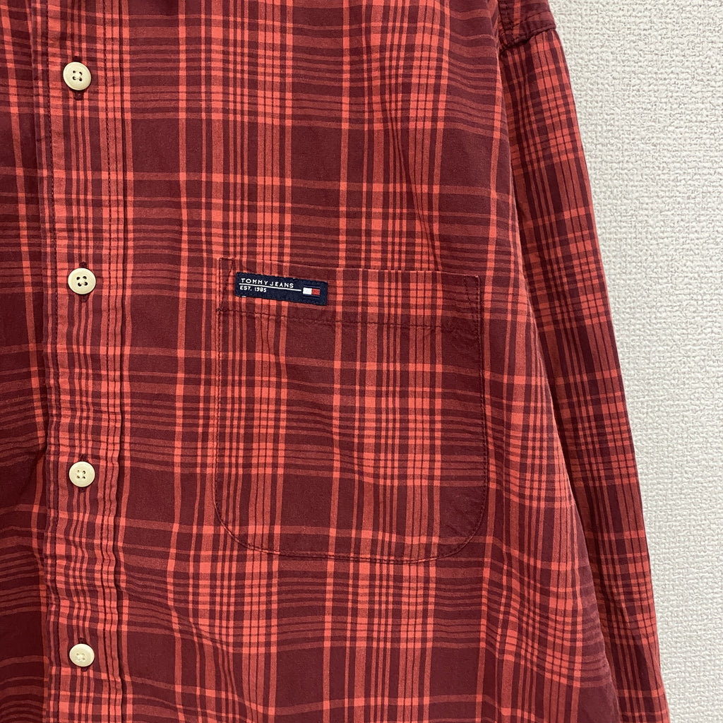 TOMMY JEANS　トミージーンズ　長袖シャツ　チェック柄　赤　レッド　Lサイズ　古着