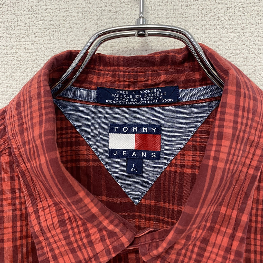 TOMMY JEANS　トミージーンズ　長袖シャツ　チェック柄　赤　レッド　Lサイズ　古着