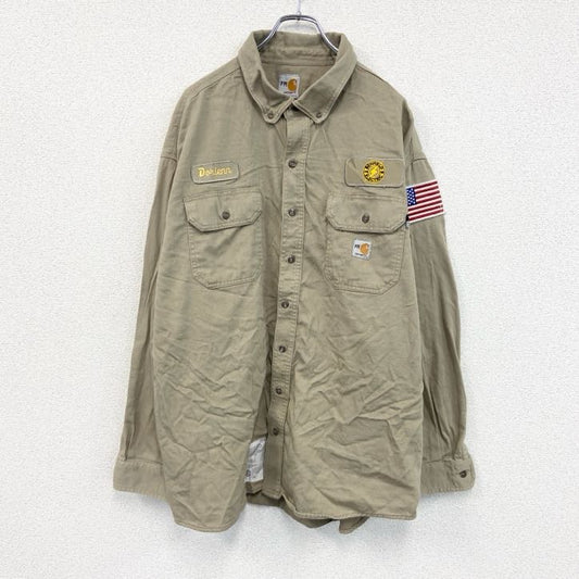Carhartt　カーハート　長袖ワークシャツ　ボタンダウンシャツ　ワッペンカスタム　ベージュ　2XLサイズ