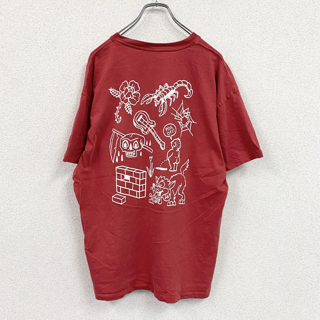 Pull＆Bear　プルアンドベア　半袖プリントTシャツ　スカル　骸骨　赤　レッド カットソー メンズ コットン 古着