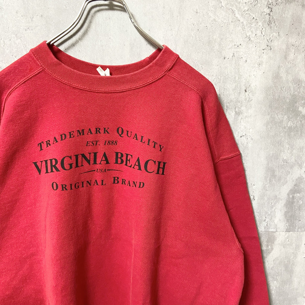 USA製　90s　VIRGINIA BEACH　長袖プリントスウェット　トレーナー　クルーネック　赤　レッド　Mサイズ　　ヴィンテージ　古着