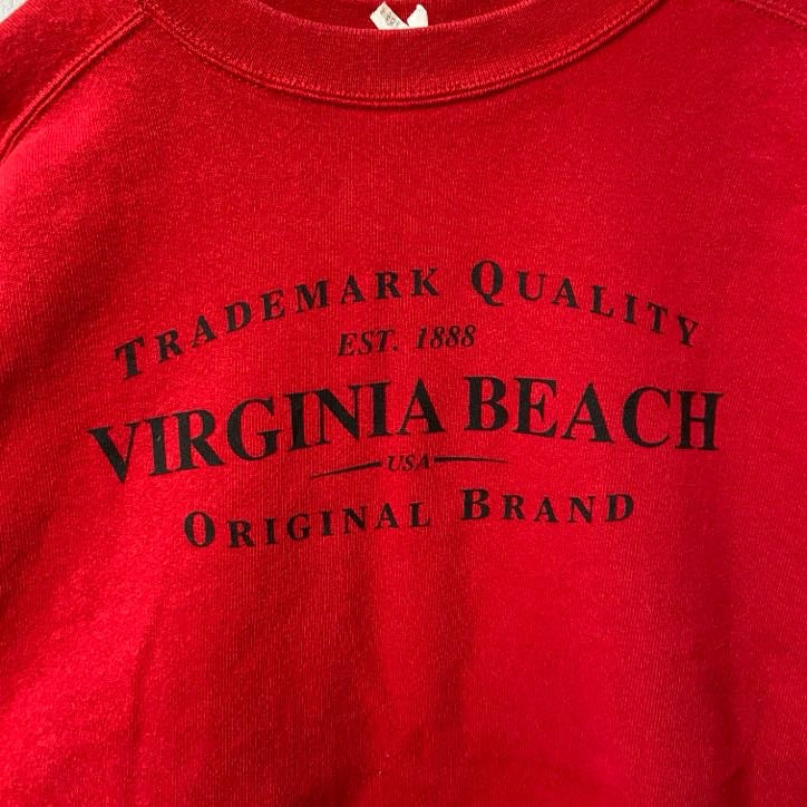 USA製　90s　VIRGINIA BEACH　長袖プリントスウェット　トレーナー　クルーネック　赤　レッド　Mサイズ　　ヴィンテージ　古着