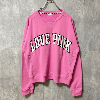 古着 used　LOVE PINK　長袖スウェット　トレーナー　パッチワーク　クルーネック　ピンク　秋冬服　Mサイズ