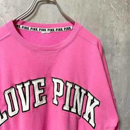 古着 used　LOVE PINK　長袖スウェット　トレーナー　パッチワーク　クルーネック　ピンク　秋冬服　Mサイズ