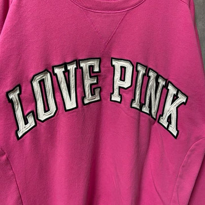 古着 used　LOVE PINK　長袖スウェット　トレーナー　パッチワーク　クルーネック　ピンク　秋冬服　Mサイズ