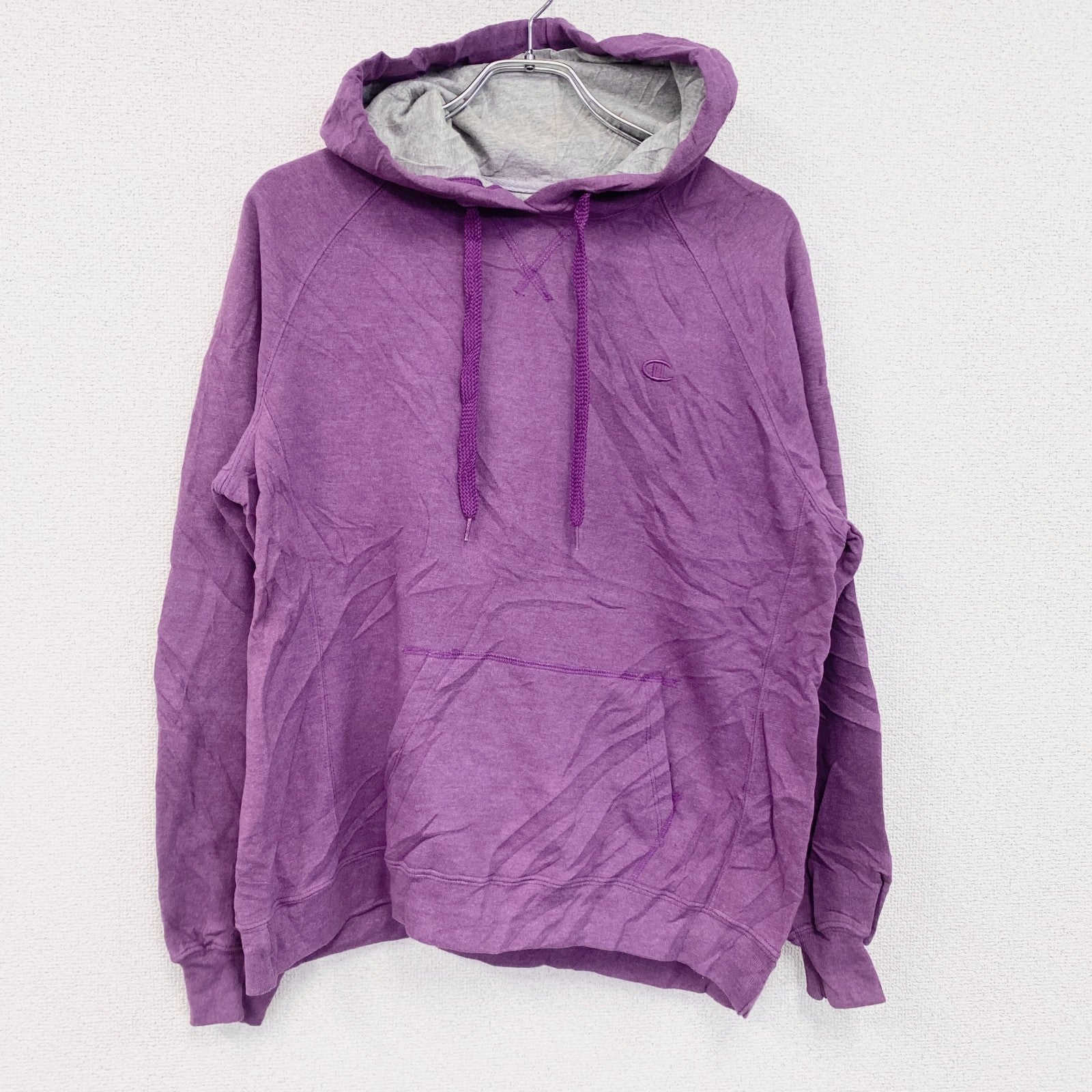 Champion　チャンピオン　スウェットパーカー/フーディー　ラグランスリーブ　前V　刺繍ロゴ　現行　紫　パープル　XLサイズ　古着