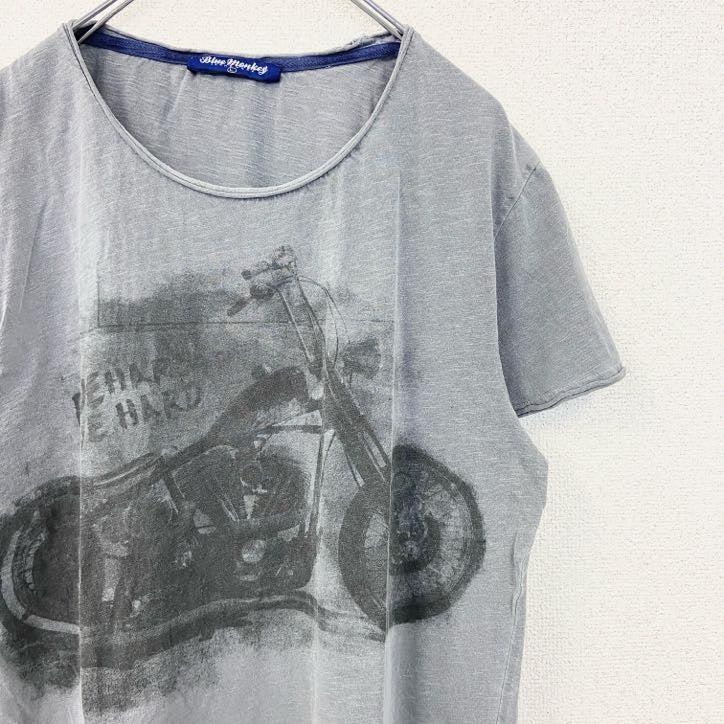 Blue Monkey　ブルーモンキー　半袖プリントTシャツ　オートバイ　バイク　グレー　灰色　レトロデザイン　Lサイズ　古着
