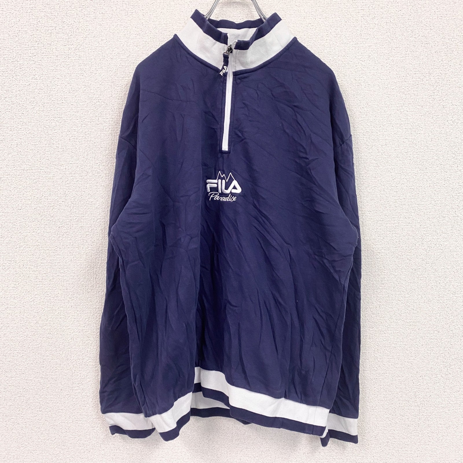 FILA　フィラ　ハーフジップスウェット/トレーナー　刺繍ロゴ　ワンポイント　リブライン　紺　ネイビー　Mサイズ　古着