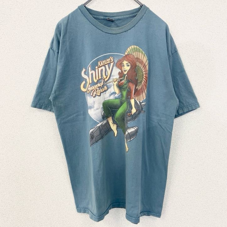 メキシコ製　TEE FURY　半袖イラストプリントTシャツ　Spacecraft Repair　水色　Lサイズ　古着
