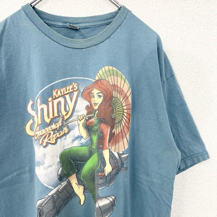 メキシコ製　TEE FURY　半袖イラストプリントTシャツ　Spacecraft Repair　水色　Lサイズ　古着