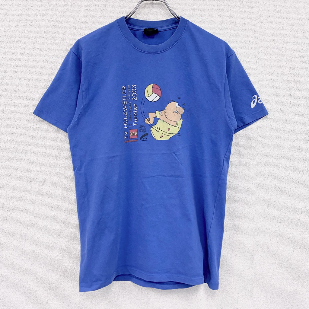 00s　asics　アシックス　半袖プリントTシャツ　ヴィンテージ　青　ブルー　Mサイズ　古着