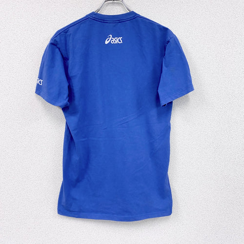 00s　asics　アシックス　半袖プリントTシャツ　ヴィンテージ　青　ブルー　Mサイズ　古着