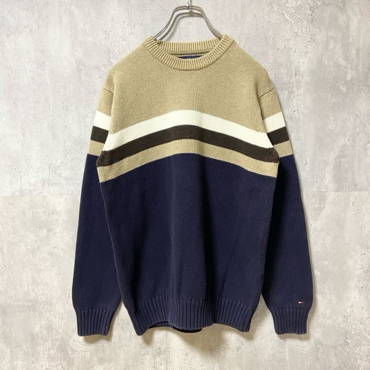 古着 used　TOMMYHILFIGER　トミーヒルフィガー　長袖クルーネックニット　セーター　ベージュ　ネイビー　Sサイズ