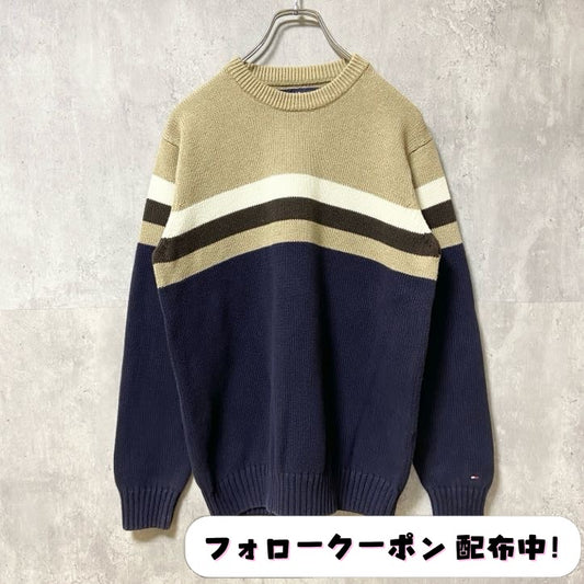 古着 used　TOMMYHILFIGER　トミーヒルフィガー　長袖クルーネックニット　セーター　ベージュ　ネイビー　Sサイズ