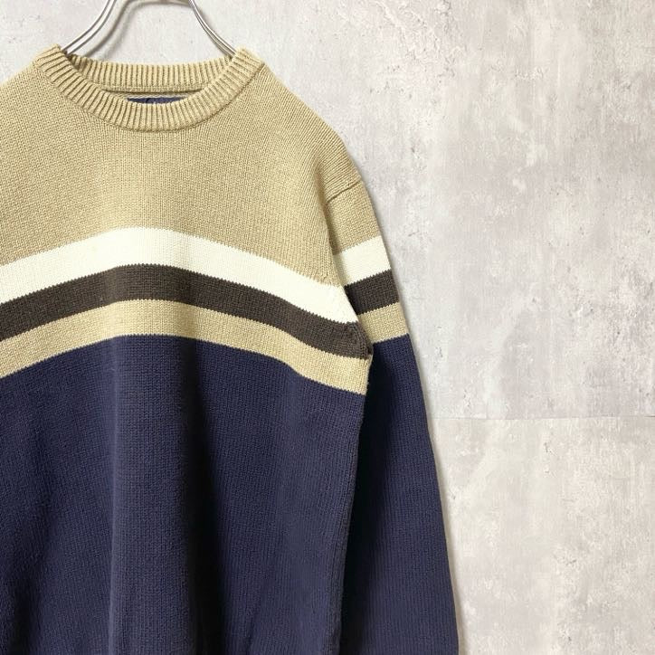 TOMMYHILFIGER　トミーヒルフィガー　長袖クルーネックニット　セーター　ベージュ　ネイビー　紺　Sサイズ　古着