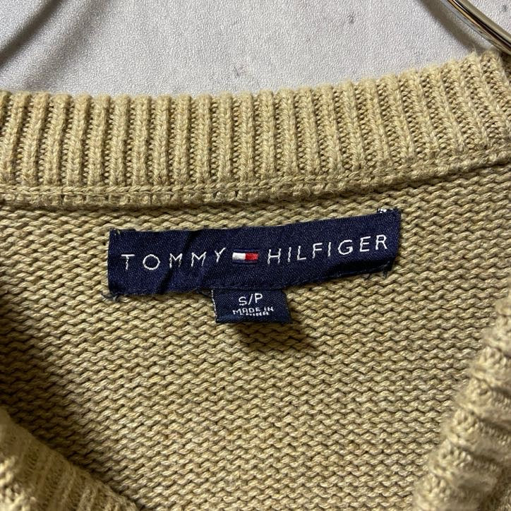 TOMMYHILFIGER　トミーヒルフィガー　長袖クルーネックニット　セーター　ベージュ　ネイビー　紺　Sサイズ　古着