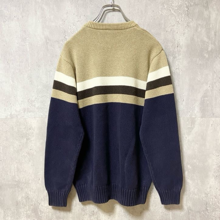 TOMMYHILFIGER　トミーヒルフィガー　長袖クルーネックニット　セーター　ベージュ　ネイビー　紺　Sサイズ　古着