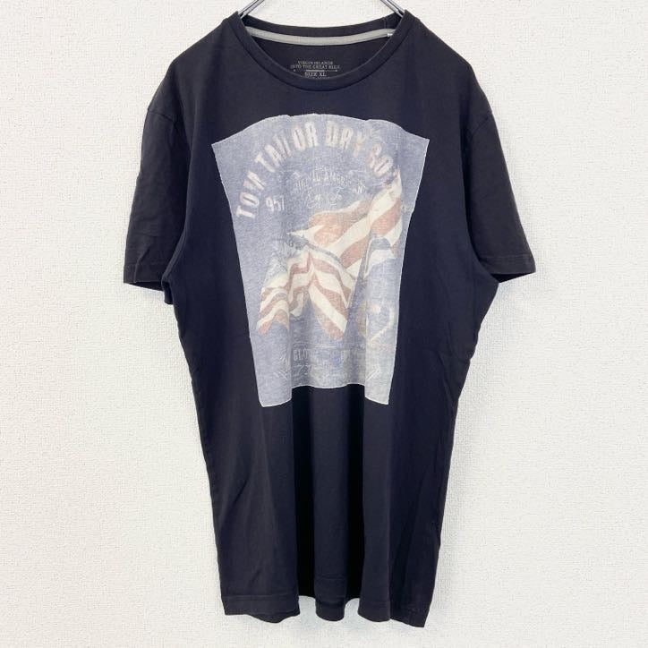 TOM TAILOR　トムテイラー　半袖デザインプリントTシャツ　クルーネック　黒　ブラック　XLサイズ　古着