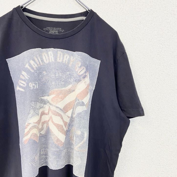 TOM TAILOR　トムテイラー　半袖デザインプリントTシャツ　クルーネック　黒　ブラック　XLサイズ　古着