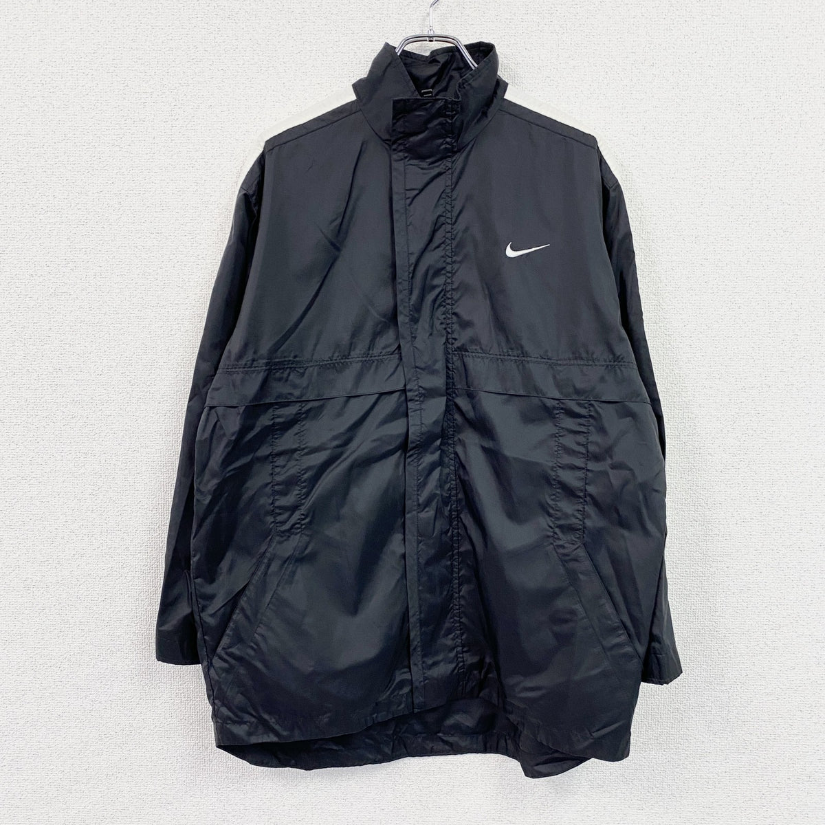 ～00s　NIKE　ナイキ　フルジップナイロンジャケット　スウッシュ　比翼仕立て　ヴィンテージ　黒　ブラック　XLサイズ　古着
