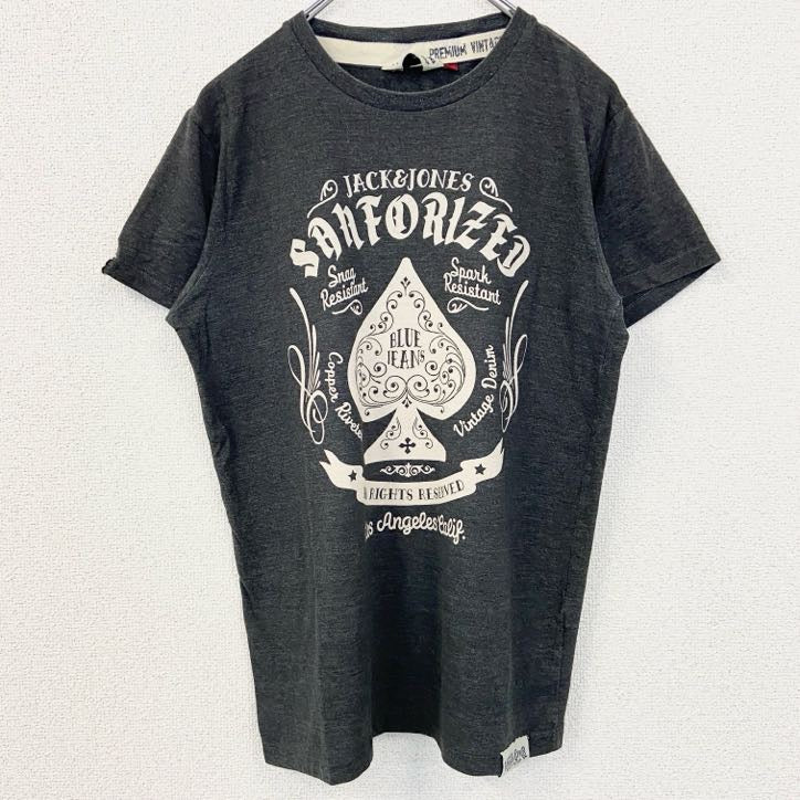 JACK＆JONES　ジャックアンドジョーンズ　半袖デザインプリントTシャツ　スペード　グレー　灰色　Mサイズ　古着