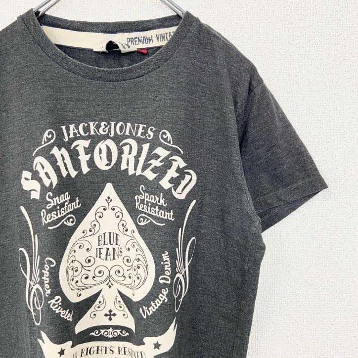 JACK＆JONES　ジャックアンドジョーンズ　半袖デザインプリントTシャツ　スペード　グレー　灰色　Mサイズ　古着